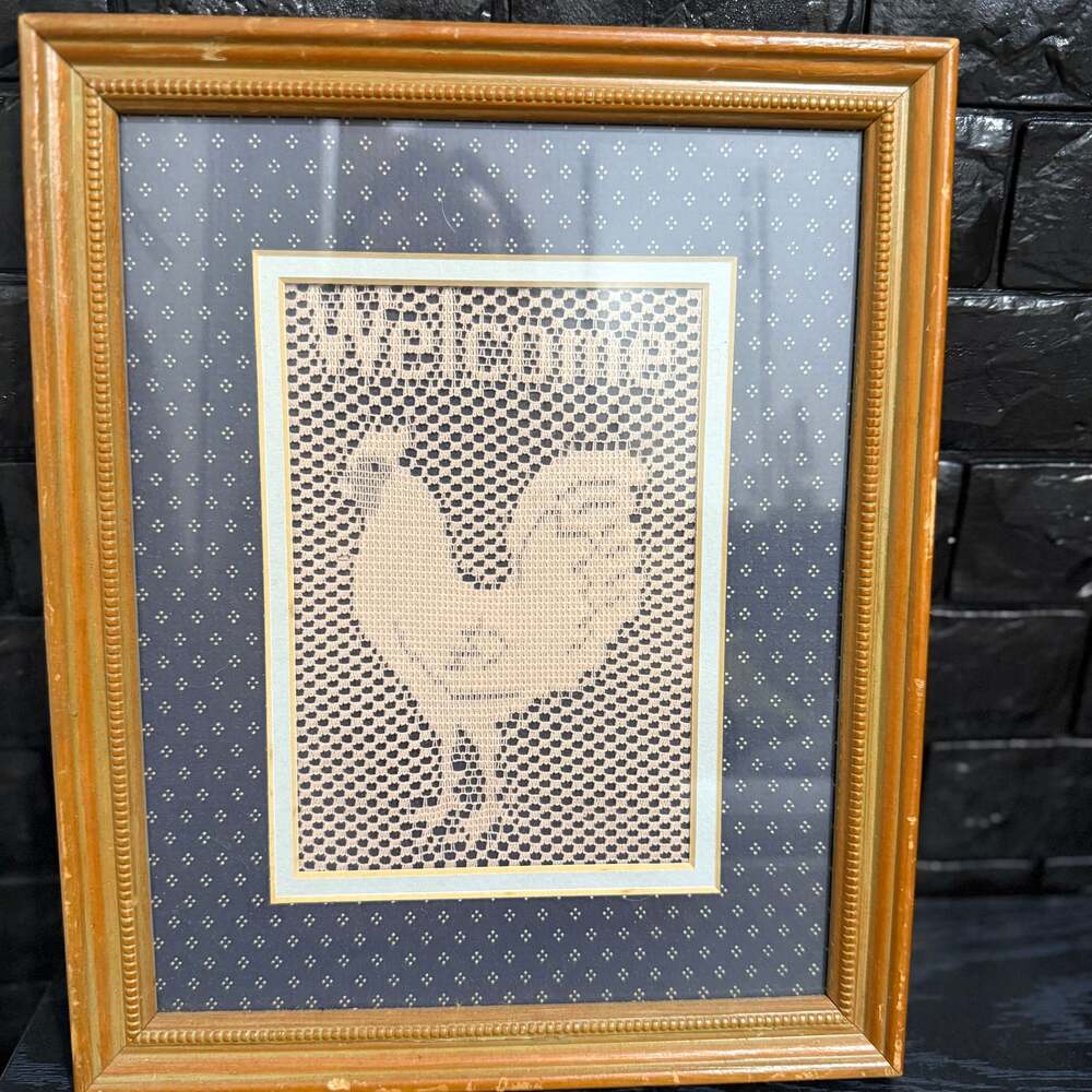 Vintage Framed Crocheted Rooster Wall Art
